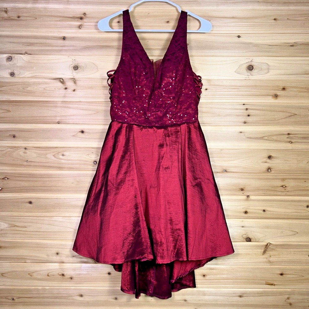 B Darlin Dress Womens 13/14 Red Sequin High Low Fit and Flare Cocktail Dress